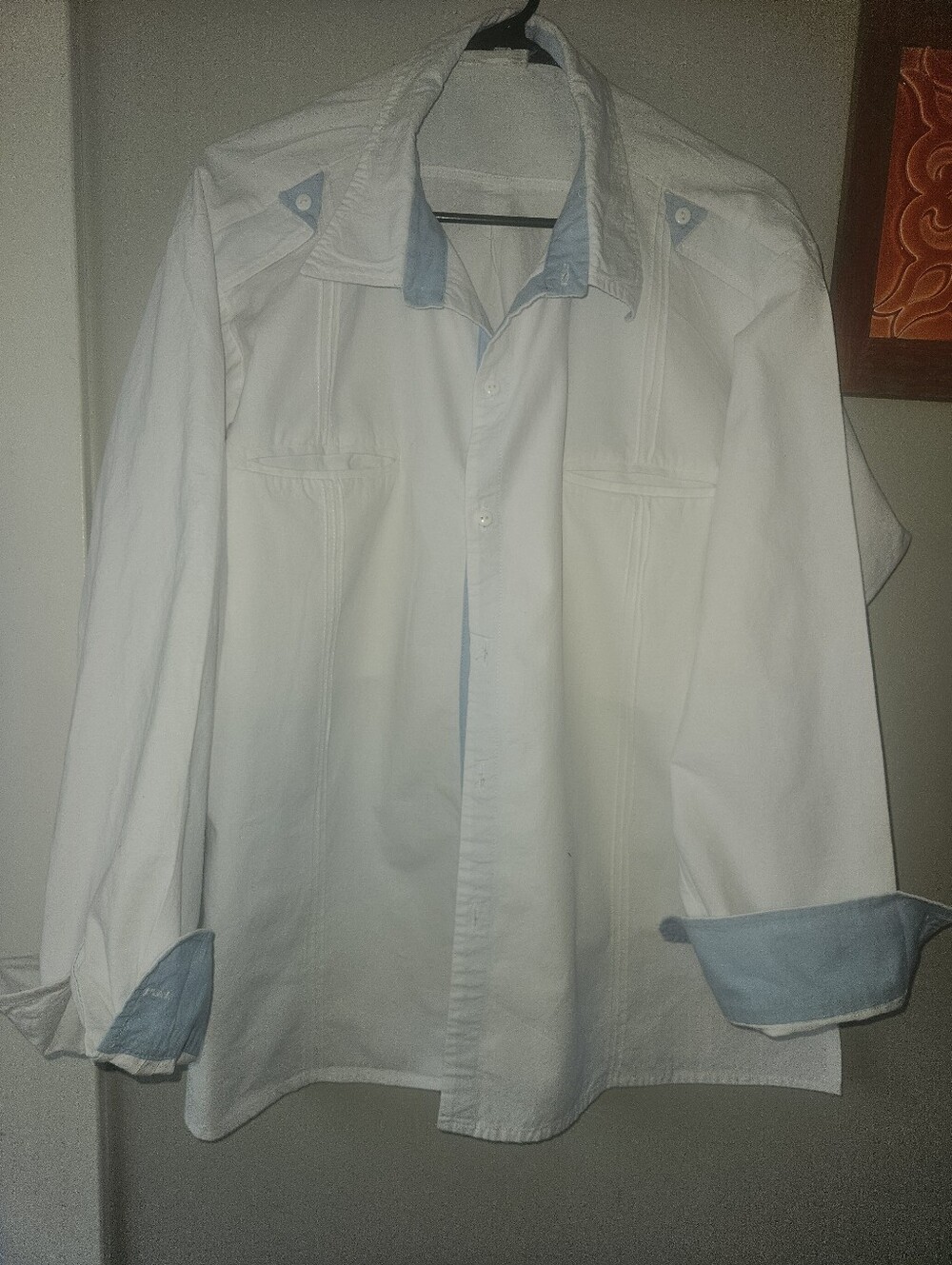White Men's Button-Up Guayabera with Light Blue Trim